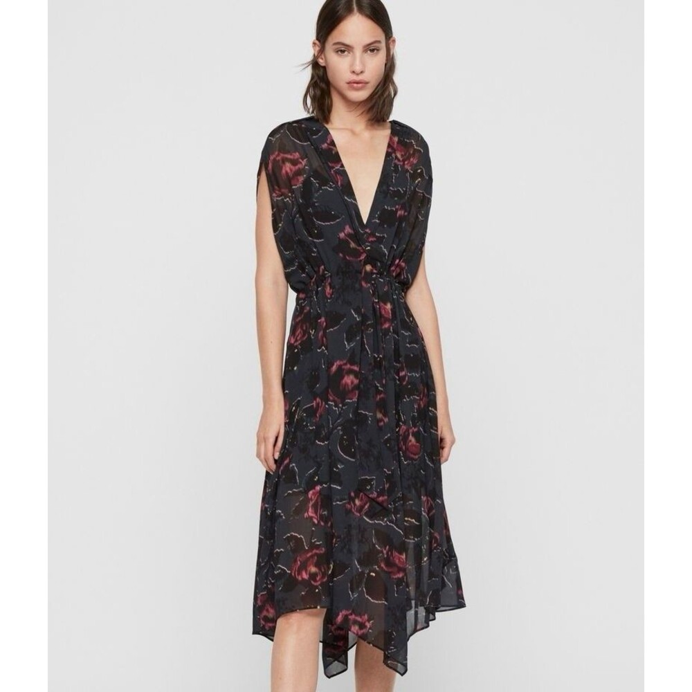 ALLSAINTS Romina Rosalyn Semi Sheer Dress, Washed Black Floral US Size S Midi